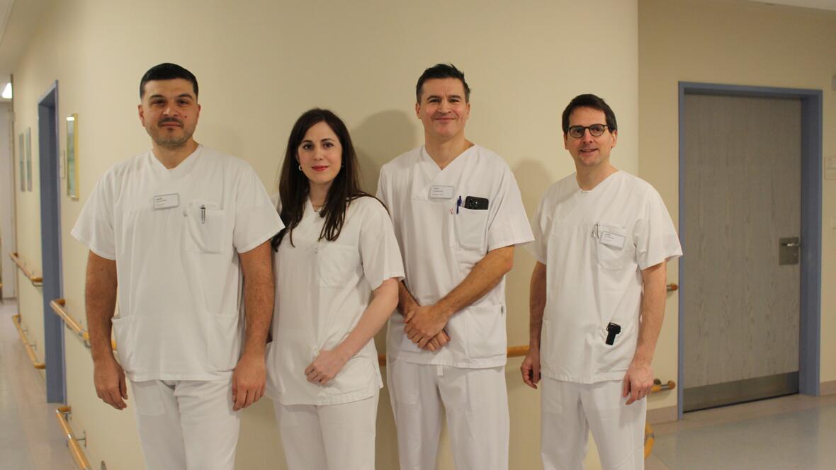 v.l. Dusan Milikic, Oberarzt, Chrysoula Vogiatzi, Oberärztin, Dr. Peter M. Reil, Chefarzt   
und Dr. Philipp Hoppe, Oberarzt Kardiologie  