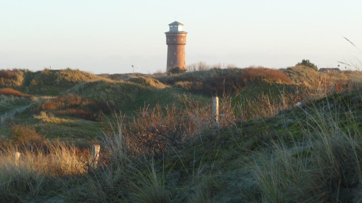 Der Blick auf den Leuchtturm zwischen den Dünen zeigt ein typisches Motiv der Insel und ergänzt die Unterkunft auf Borkum um einen stimmungsvollen Eindruck der Umgebung.